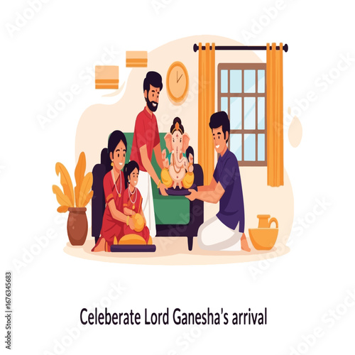 An Indian family joyfully celebrates the Ganesh Chaturthi festival at home, bringing in a Lord Ganesha idol for worship.