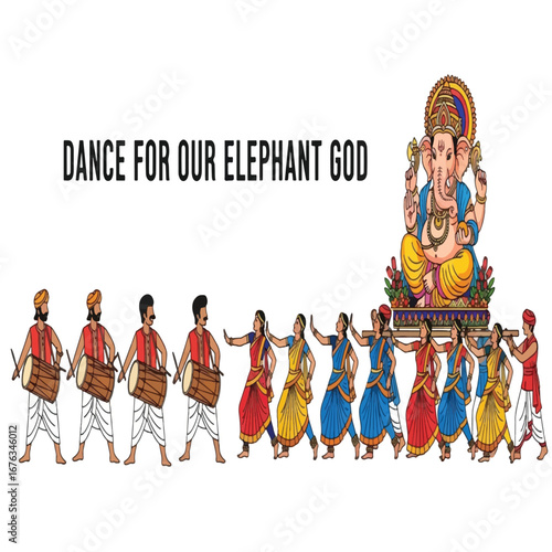 A vibrant illustration depicts a procession celebrating the Elephant God, with musicians playing drums and dancers performing traditional moves.