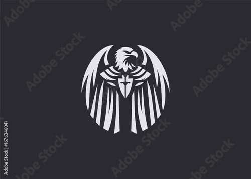 A simple minimalist eagle in medieval knight cape silhouette style, symbolizing honor, vigilance, and fearless guardianship