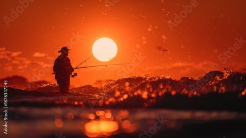 A solitary fisherman stands silhouetted against a vibrant, fiery sunrise over a turbulent ocean, casting his line into the fiery glow.