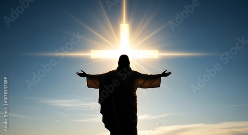 Silhouette of Jesus Christ with arms outstretched towards a glowing cross against a clear blue sky.