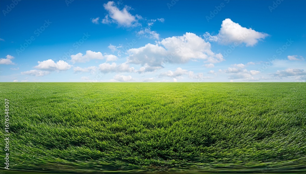 Fototapeta premium long floating patch of dense green grass with a few clouds in the sky on a bright day