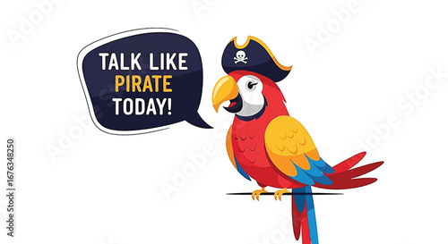 A colorful parrot wearing a pirate hat and speaking the words "Talk Like Pirate Today!" is perched on a branch.