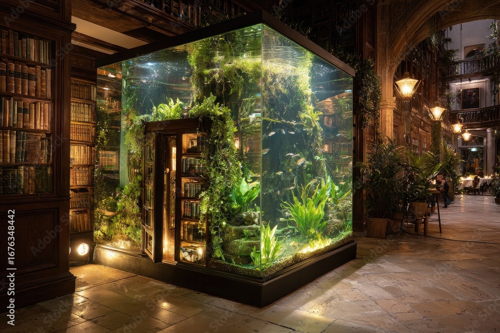 Fototapeta premium Library Aquarium Installation, Night, Interior, Plants, Fish, Dining