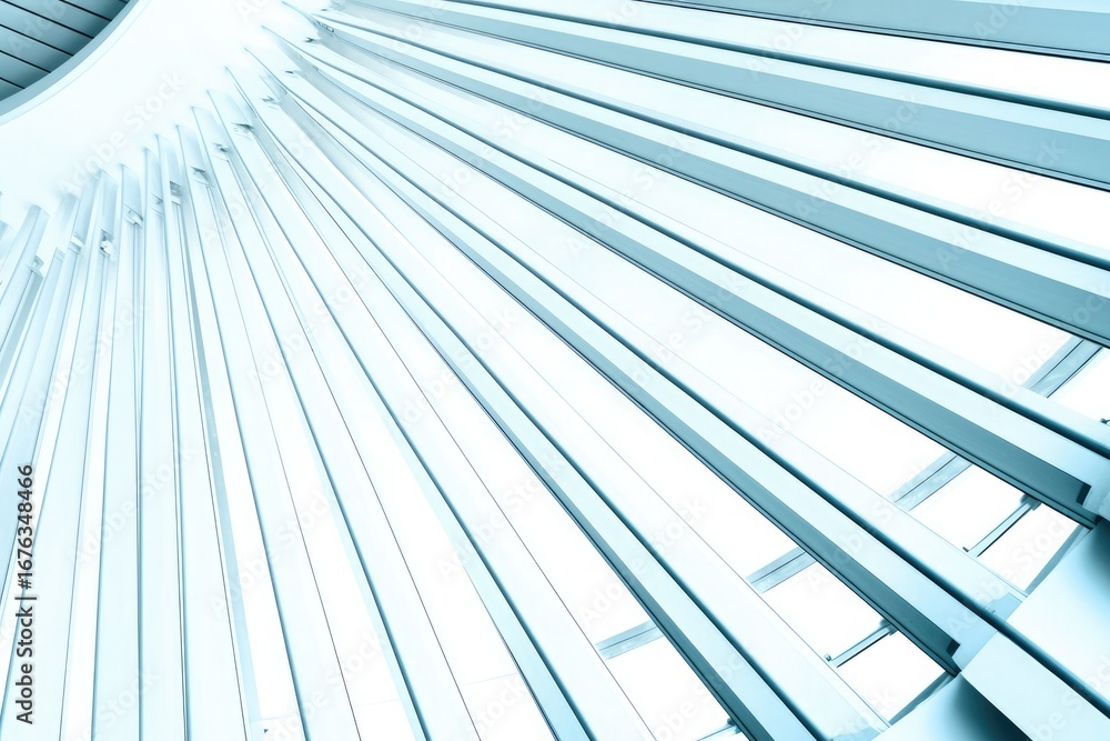 Obraz premium Futuristic indoor architectural glass texture close-up with light blue metal lines and light gray gradient background, symmetrical composition and fisheye reflection effect