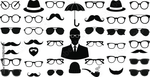 Eyeglasses and mustache silhouette set, vintage and modern accessory vector illustration, hats, pipe, umbrella icons, black isolated shapes, disguise and fashion design