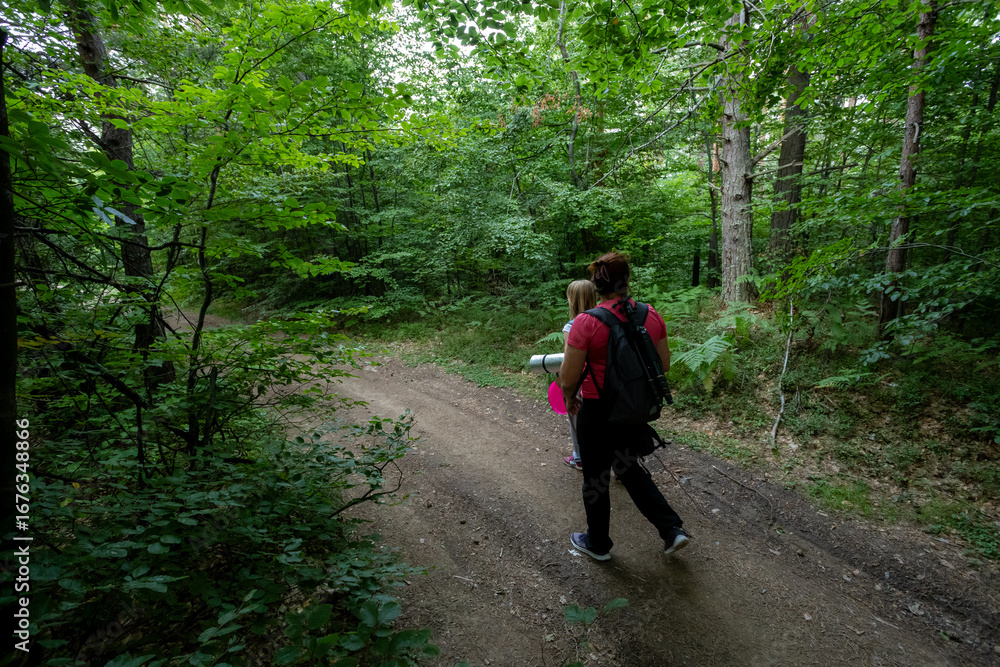 Obraz premium Woman and a little girl walking in the forest. Happy family hiking outdoors, authentic lifestyle moments.