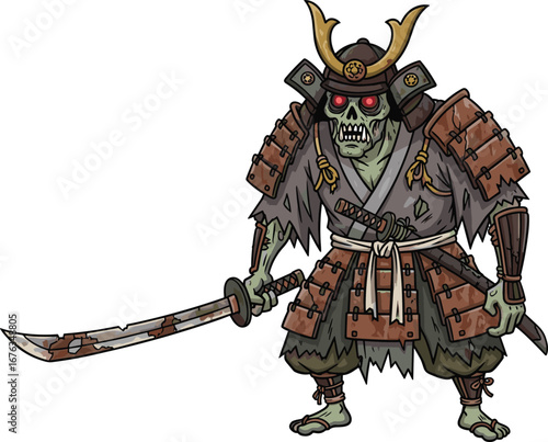 Cartoon skeletal samurai warrior, undead in battle‑worn armor, horror fantasy design, glowing red eyes, katana sword, spooky vector illustration, creepy ancient Japanese monster