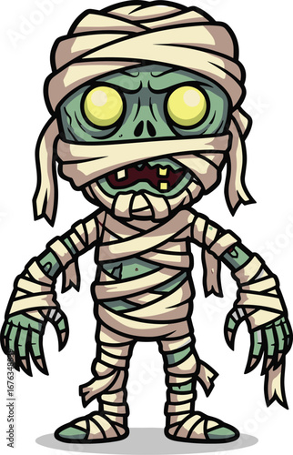 Cartoon mummy character, undead wrapped in tattered bandages, horror Halloween design, glowing yellow eyes and claws, spooky vector illustration, creepy ancient monster stock image
