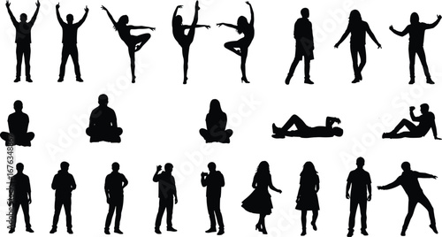 Set of human silhouette poses, standing, sitting, and dynamic movement positions, vector illustration of body language, gestures, and expressive stances collection