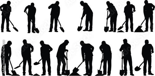 Shoveling worker silhouette set, construction labor vector illustration, digging and lifting poses, manual work icons, black isolated shapes, occupational activity design