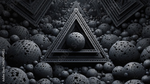 A complex design of intricate triangles and textured spheres creates a deep, dark, and mysterious spatial composition.
