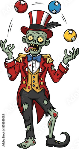 Cartoon zombie circus ringmaster, undead performer character, Halloween vector illustration, green skin, juggling balls, red coat, creepy yet humorous design, spooky carnival style