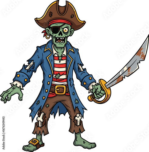 Cartoon zombie pirate character, undead in tattered coat and hat, horror Halloween design, holding rusty cutlass, spooky vector illustration, creepy nautical monster character