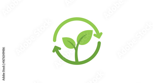 Green Plant Sprout with Circular Recycling Arrows Eco Logo.