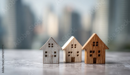 Three small wooden houses on a table, blurred city background