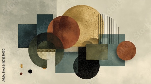 A sophisticated abstract composition features geometric shapes, circles, and squares, rendered in muted earth tones and cool blues, creating a balanced and visually engaging design.