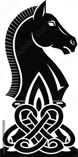 Black horse chess piece with Celtic knot base vector design for game strategy and competition illustration
