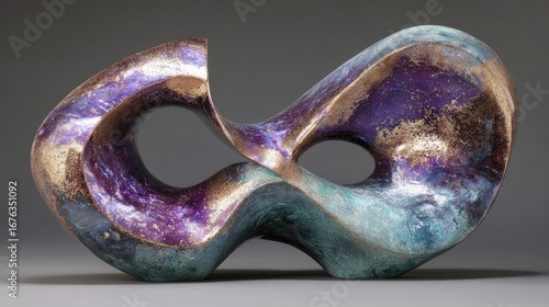 A captivating, abstract sculpture showcases fluid, interwoven forms, adorned with a mesmerizing blend of purple and teal glazes, accented by shimmering gold highlights.