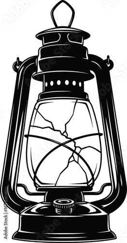 Vintage cracked glass oil lantern vector illustration in black and white style for classic lighting design and retro decoration purposes