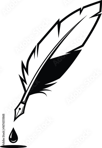 Feather quill pen with ink drop black and white vector drawing classic writing tool design
