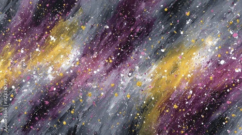 A vibrant abstract artwork, showcasing swirling hues of purple, gray, and gold, punctuated by speckled white and pink accents.