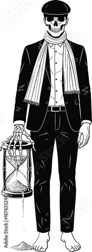 Skeleton man in vintage suit holding hourglass black and white vector illustration with bare feet and scarf