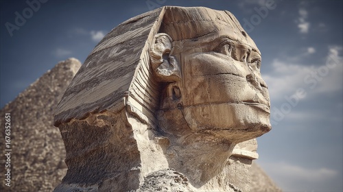 Majestic Sphinx profile, showcasing intricate details against a backdrop of ancient pyramids.