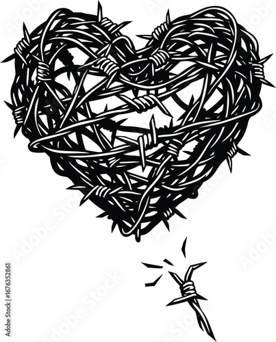 Heart shaped crown of thorns with nail piercing design vector illustration black and white religious symbol