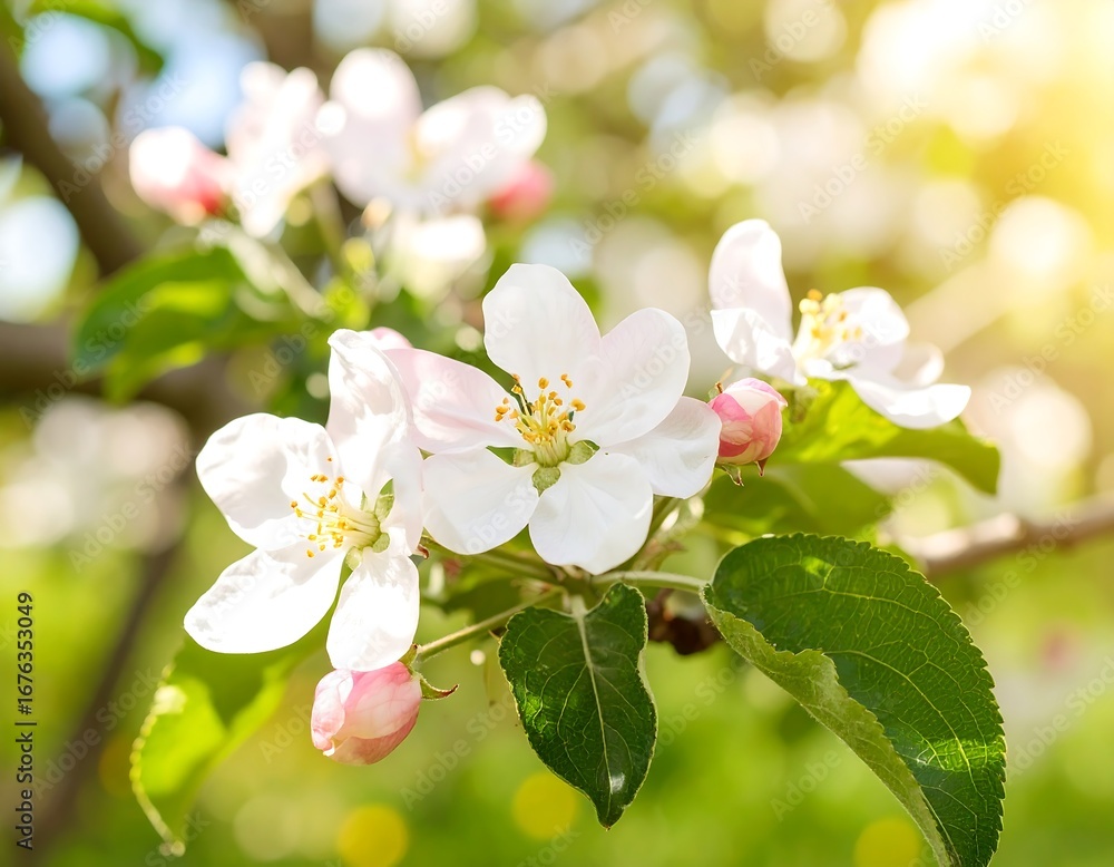 Obraz premium Blooming apple blossoms in sunlight