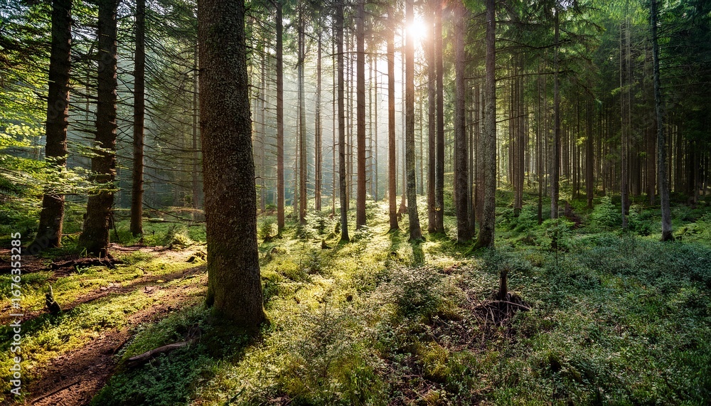 Obraz premium serene forest scene with sunlight filtering through tall trees