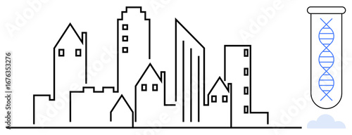 City skyline juxtaposed with a test tube containing a DNA strand. Ideal for science, biotechnology, urbanization, innovation, genetic research, sustainable development, modern healthcare. Simple flat