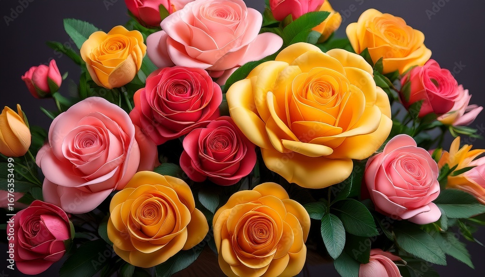 Naklejka premium a vibrant bouquet of artificial roses in shades of yellow orange and pink featuring lush green leaves and a sturdy stem