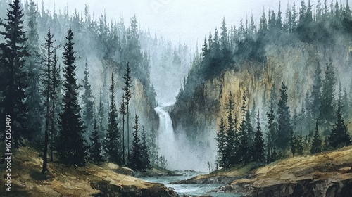 A misty waterfall cascades down a rocky cliff face, framed by a dense forest of tall evergreens, creating a tranquil and serene landscape.