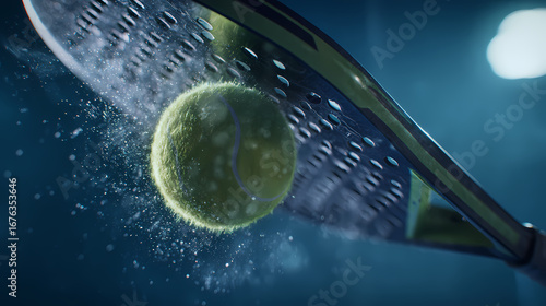 Dynamic Close-Up of a Tennis Racket Striking a Fuzzy Yellow Ball with a Powerful Splash, Capturing the Intense Energy and Action of the Game