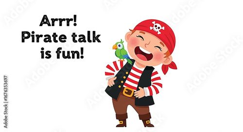 A child dressed as a pirate, laughing heartily, with a parrot on his shoulder.