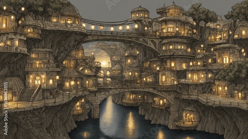 A meticulously detailed illustration of a fantastical city nestled in cliffs, with numerous bridges and walkways, bathed in warm, golden light.