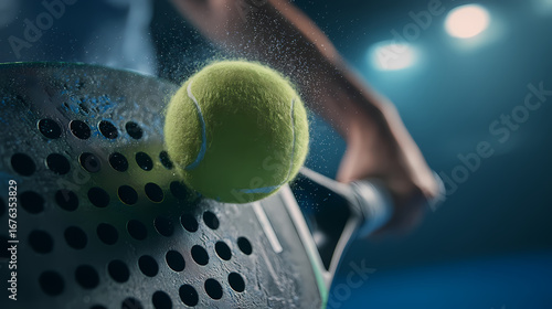 Hitting a Tennis Ball with a Racket Close-Up Action Shot of Sports Equipment and a Fast Moving Ball