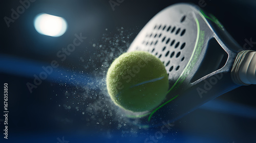 Dynamic close-up of a padel racket powerfully striking a tennis ball, emphasizing the speed, precision, and athletic energy of the game on an illuminated indoor court
