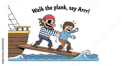 A cartoon pirate with an eyepatch forces a scared man to walk the plank off a ship into the ocean waves.