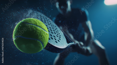 Close-up action shot of a tennis player hitting a ball with a racket, surrounded by motion blur and dust particles