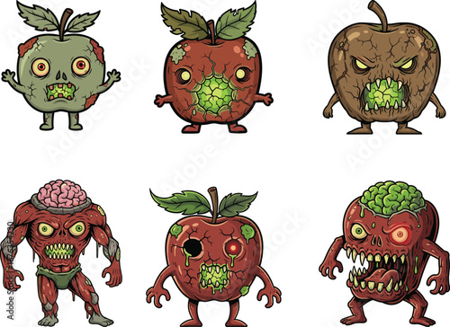 Zombie Apple Character Vector Set – Creepy Fruit Mutants with Brains and Rot for Halloween, Games, Stickers, and Horror Projects