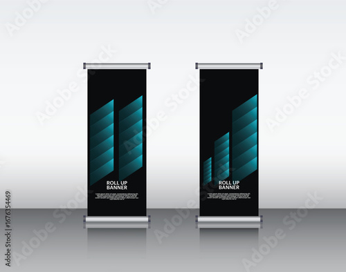 Editable Rollup Banner Mockup – 3D Render of Two Display Stands with Diagonal Gradient Patterns