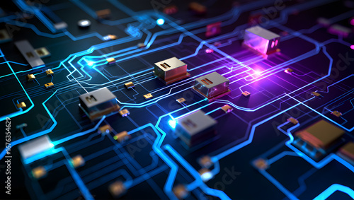 Abstract Futuristic Circuit Board: Glowing Blue and Purple Technology Background