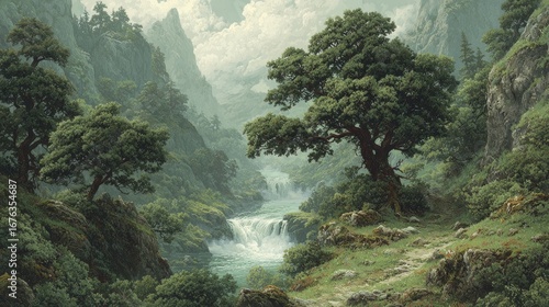 Lush green valley unfolds with a cascading waterfall, embracing majestic mountains in a serene landscape painting.