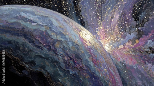 A celestial body, bursting with vibrant hues of amethyst, sapphire, and gold, displays intricate patterns, suggesting a cosmos in motion.