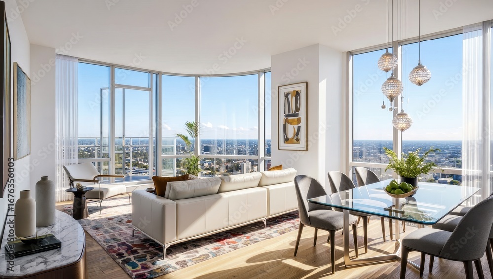 Fototapeta premium Modern Luxury Apartment Living Room and Dining Area with Panoramic City Views