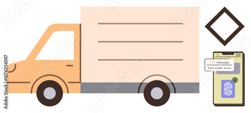 Delivery truck beside smartphone showing a verification code and tracker interface. Ideal for logistics, online safety, delivery management, e-commerce, security, tracking tools, digital operations