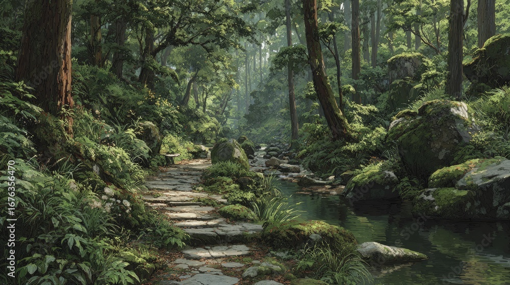 Obraz premium A serene, sunlit pathway winds through a lush, green forest, alongside a babbling brook, creating a tranquil and peaceful scene.