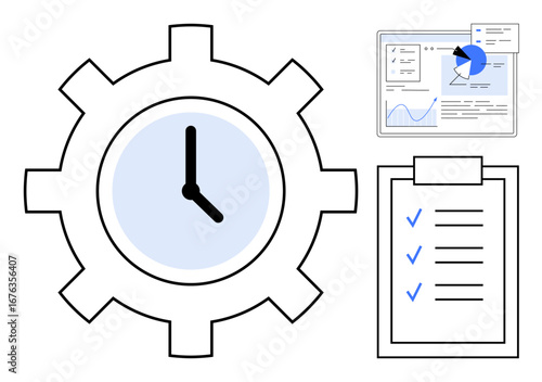 Gear-shaped clock with clipboard checklist and data analytics chart. Ideal for productivity, time tracking, project management, goal setting, business planning, data analysis, simple landing page